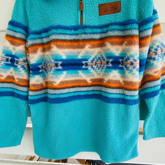 Southern Fried Chics Turquoise Aztec Print Sherpa Pullover Women's Medium - Picture 4 of 11